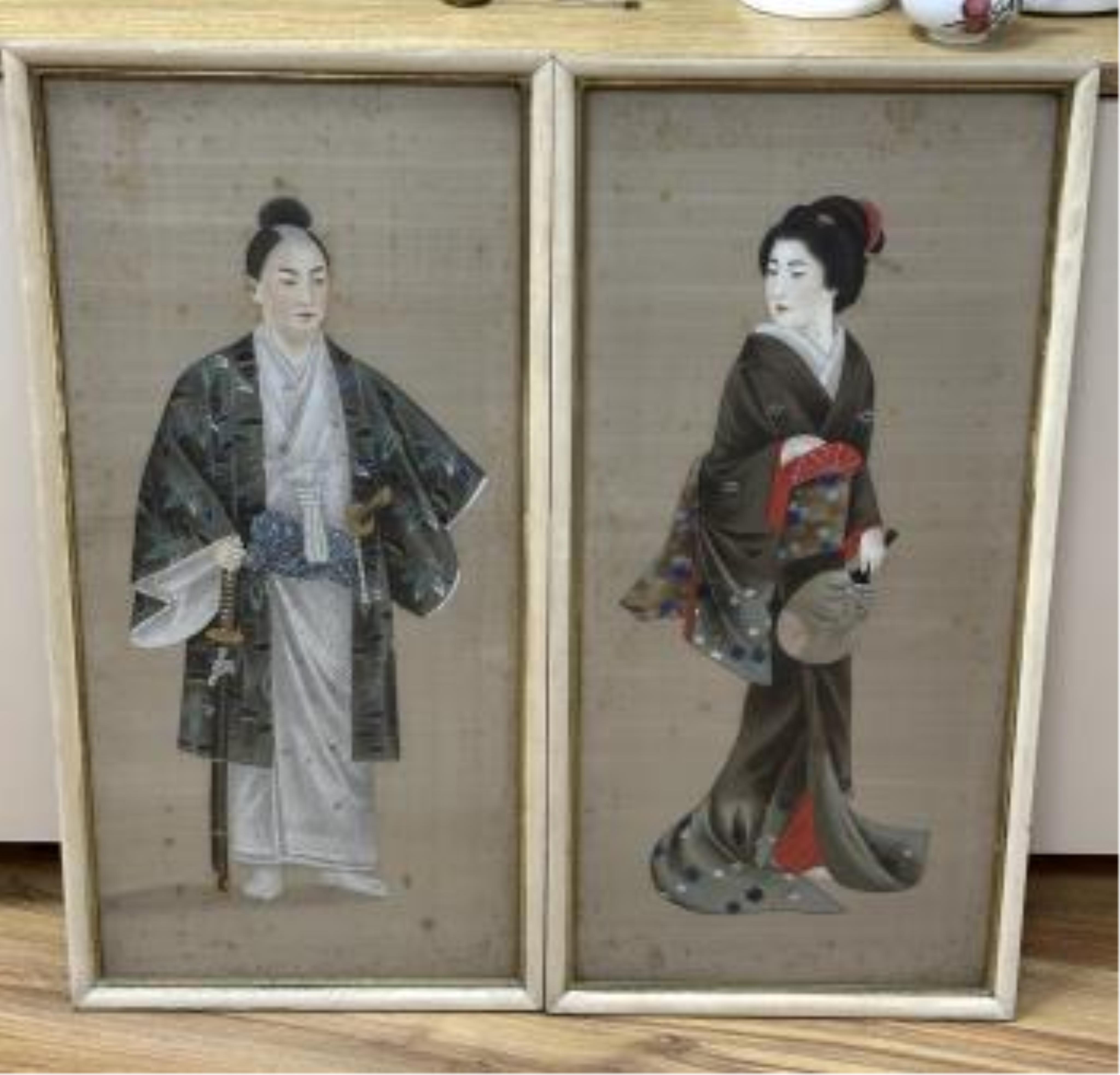 Japanese School, pair of watercolours on silk, Full length studies of figures wearing traditional dress, 71 x 32cm